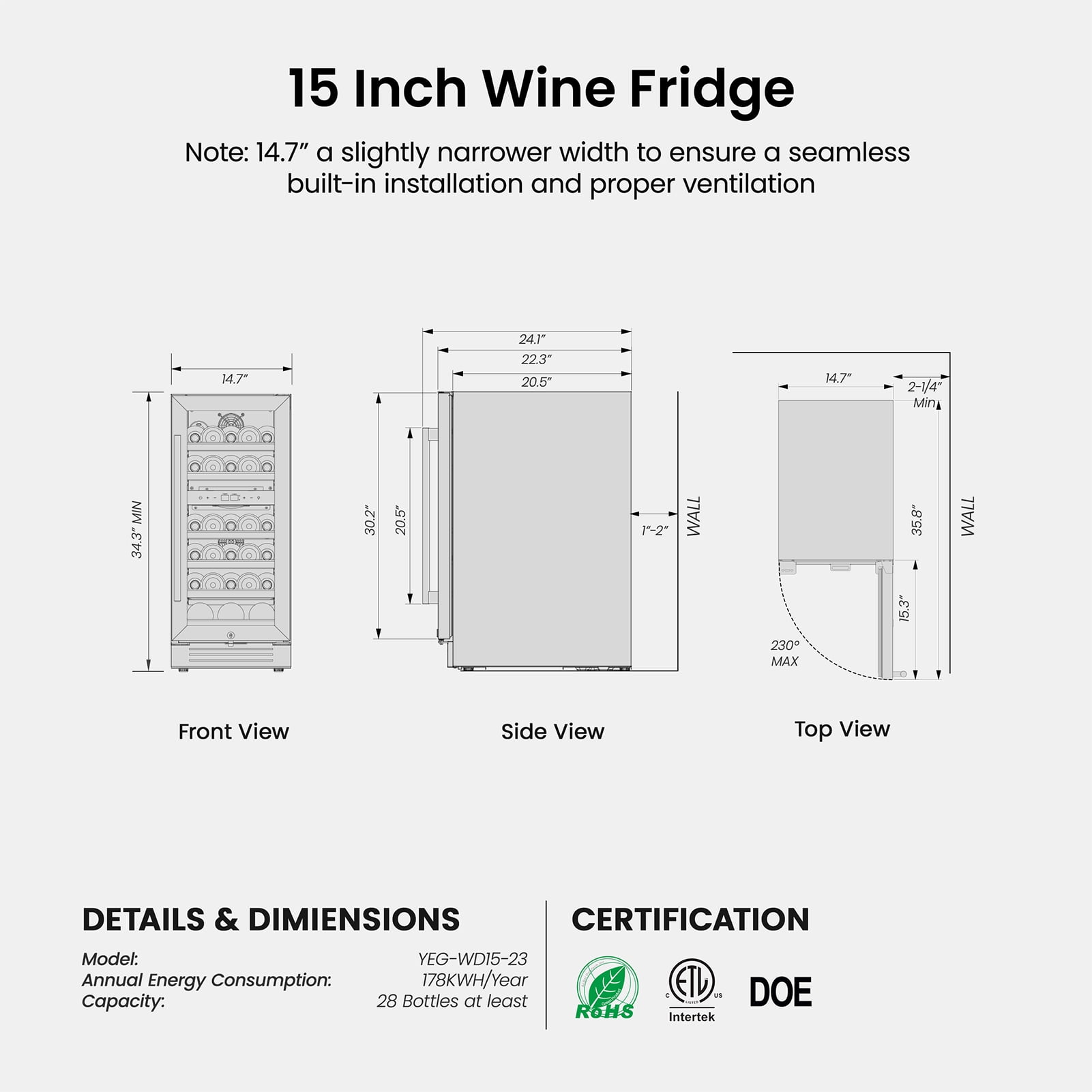 Yeego 15" Wine Refrigerator Cooler, 28 Bottle Dual Zone Wine Fridge Built-in or Freestanding with Stainless Steel Tempered Glass Door for Home/Office
