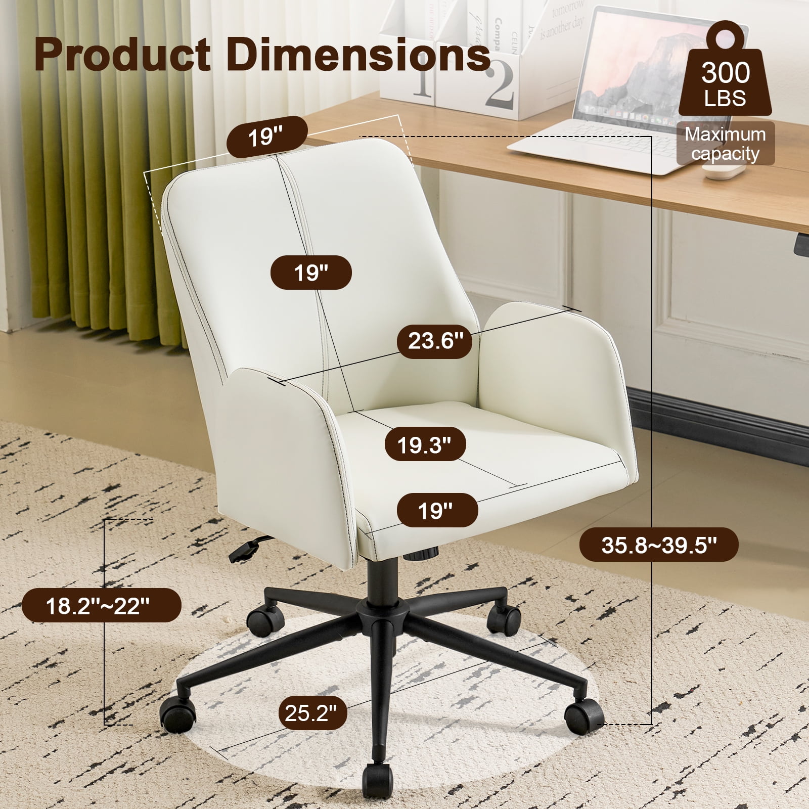 Modern Home Office Desk Chair, Faux Leather Ergonomic Desk Chair with Adjustable Height, Rolling Swivel Computer Chair, Mid-Back Armchair Task Chair for Office, Study Room, Black
