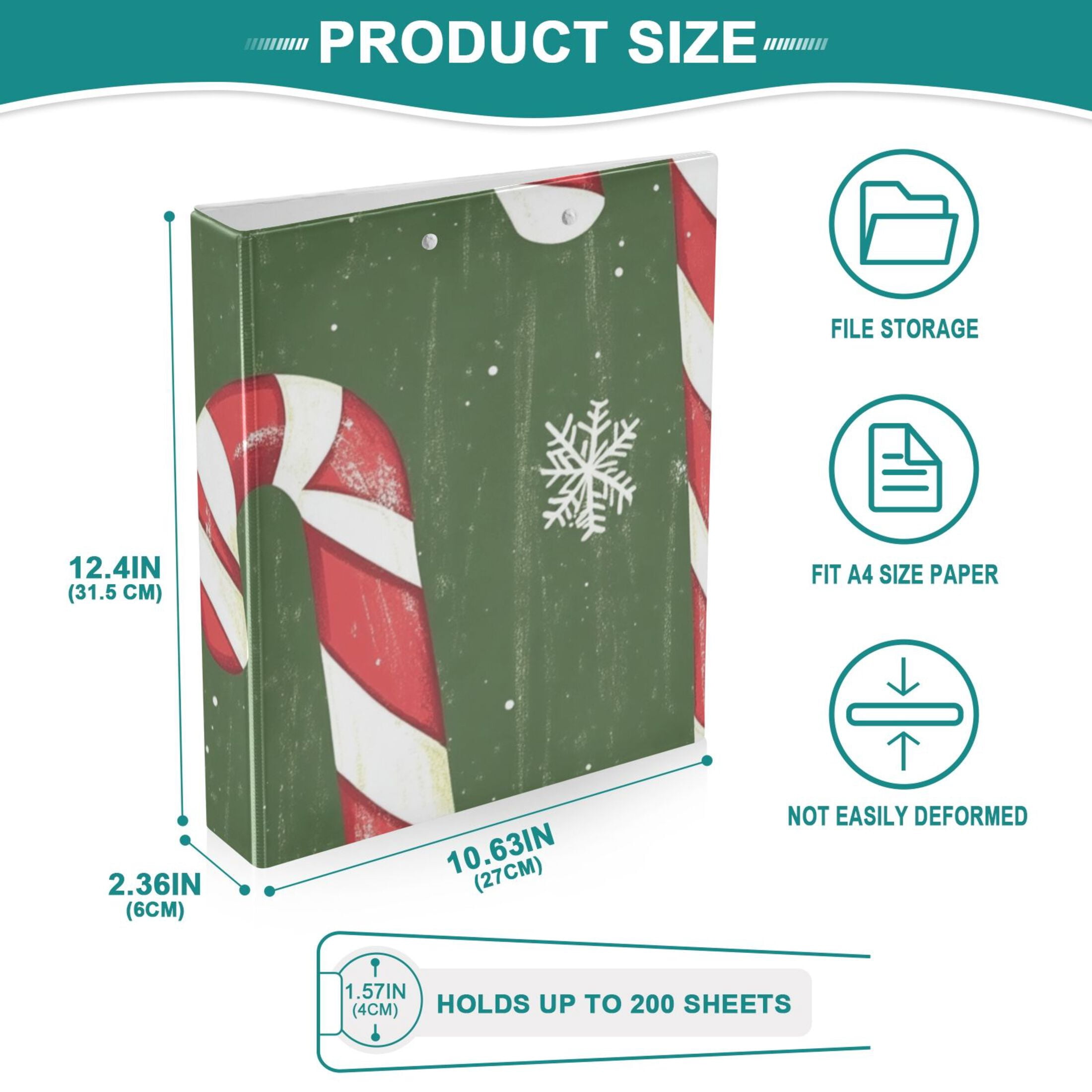 Christmas Candy Cane 3 Ring Binders 1.5 inch Hardcover File Folders with Interior Pockets A4 Size Organizer for School Office Hospital