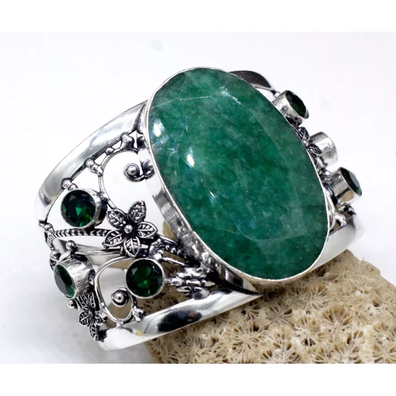 Samrat Jewelry 925 Sterling Silver Adjustable Cuff Bracelet | Natural Green Ruby & Chrome Diopside Gemstones