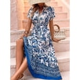 thumbnail image 4 of Women'S Summer Short Sleeves Boho Floral Print Tiered Casual Flowy Long Maxi Dress Blue M, 4 of 10