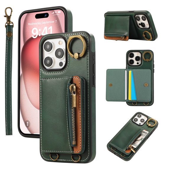Wallet Case for iPhone 15 Pro, with Wrist Strap 360 Rotating Finger Ring Flip Zipper PU Leather Stand Card Slots Shockproof Drop Protective Phone Cover Girls Women Magnetic Buckle, Green