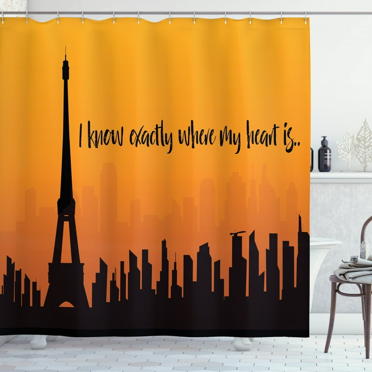 Eiffel Tower Shower Curtain I Know Exactly Where My Heart Is Wording City Skyline Fabric Bathroom Set With Hooks 69w X 75l Inches Long Charcoal Grey Orange Dark By Ambesonne