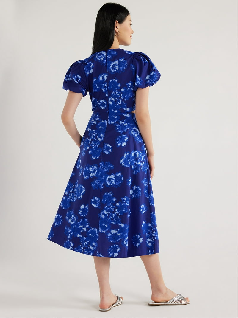 Scoop Women's Cut Out Midi Dress with Puff Sleeves, Sizes XS-XXL -  Walmart.com
