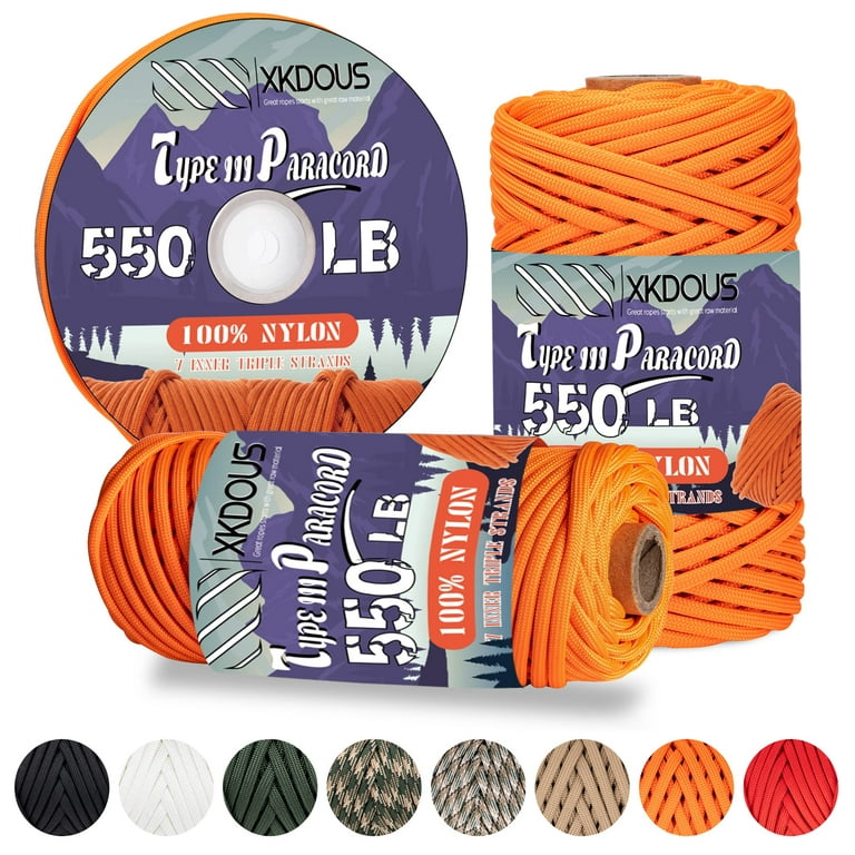 Xkdous 550 Paracord 50ft Orange Parachute Cord, 100% Nylon 7 Strand Inner Core Type III Tactical Paracord Rope, Outside Survival Gear for Bracelets