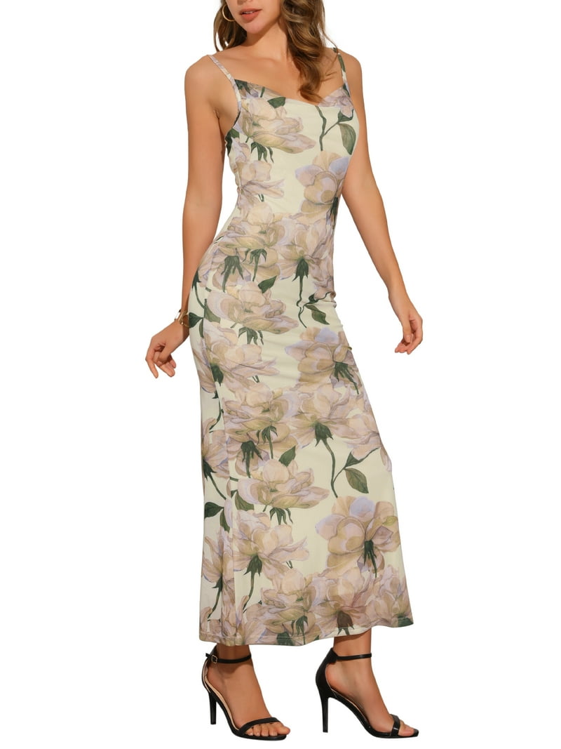 INSPIRE CHIC Women's Floral Maxi Dress Mesh Sleeveless Bodycon Cocktail  Dress L Beige - Walmart.com