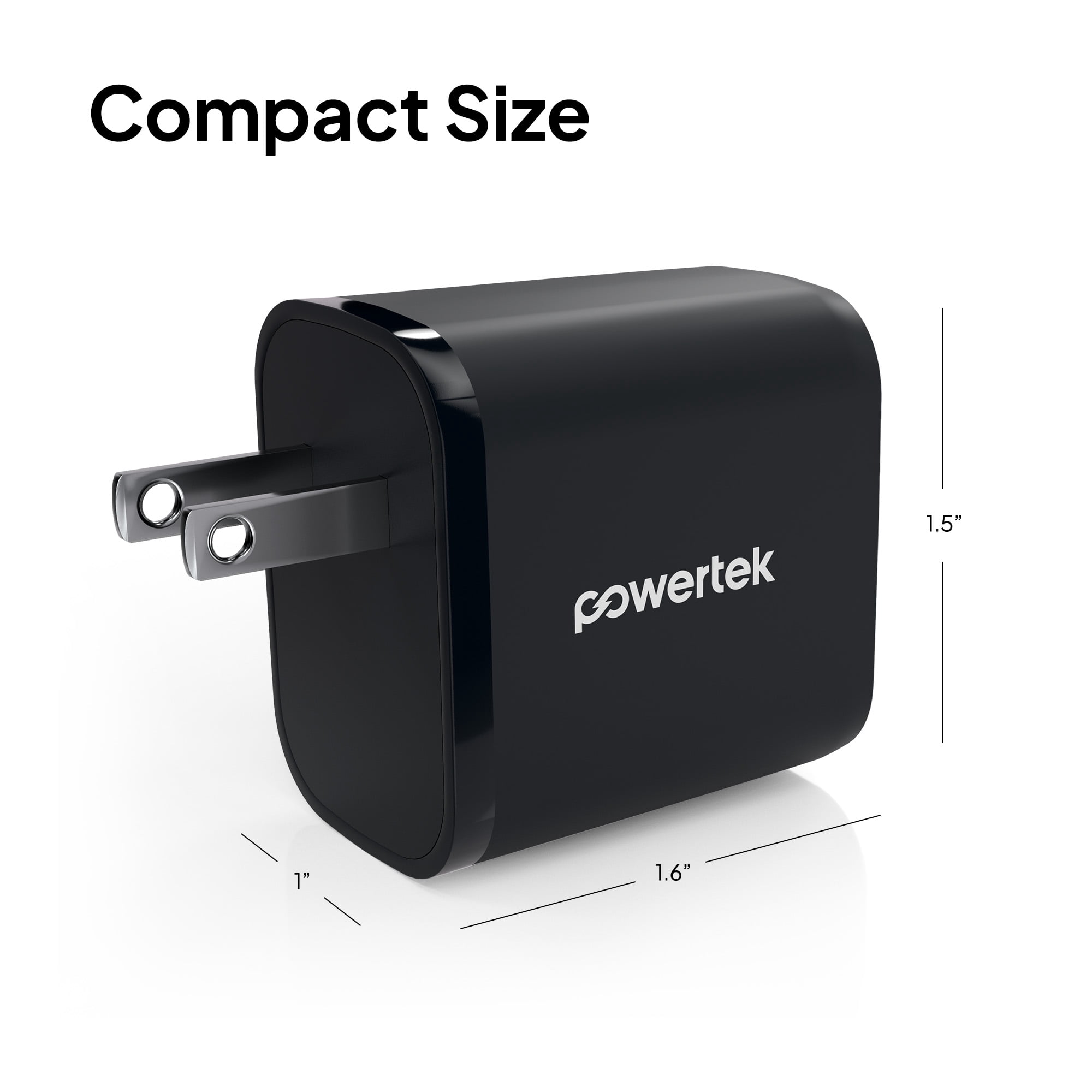 Powertek 20W USB-C + USB-A Wall Charger, Fast Charging Power Delivery Cube, Dual Port Compact Charger, Black