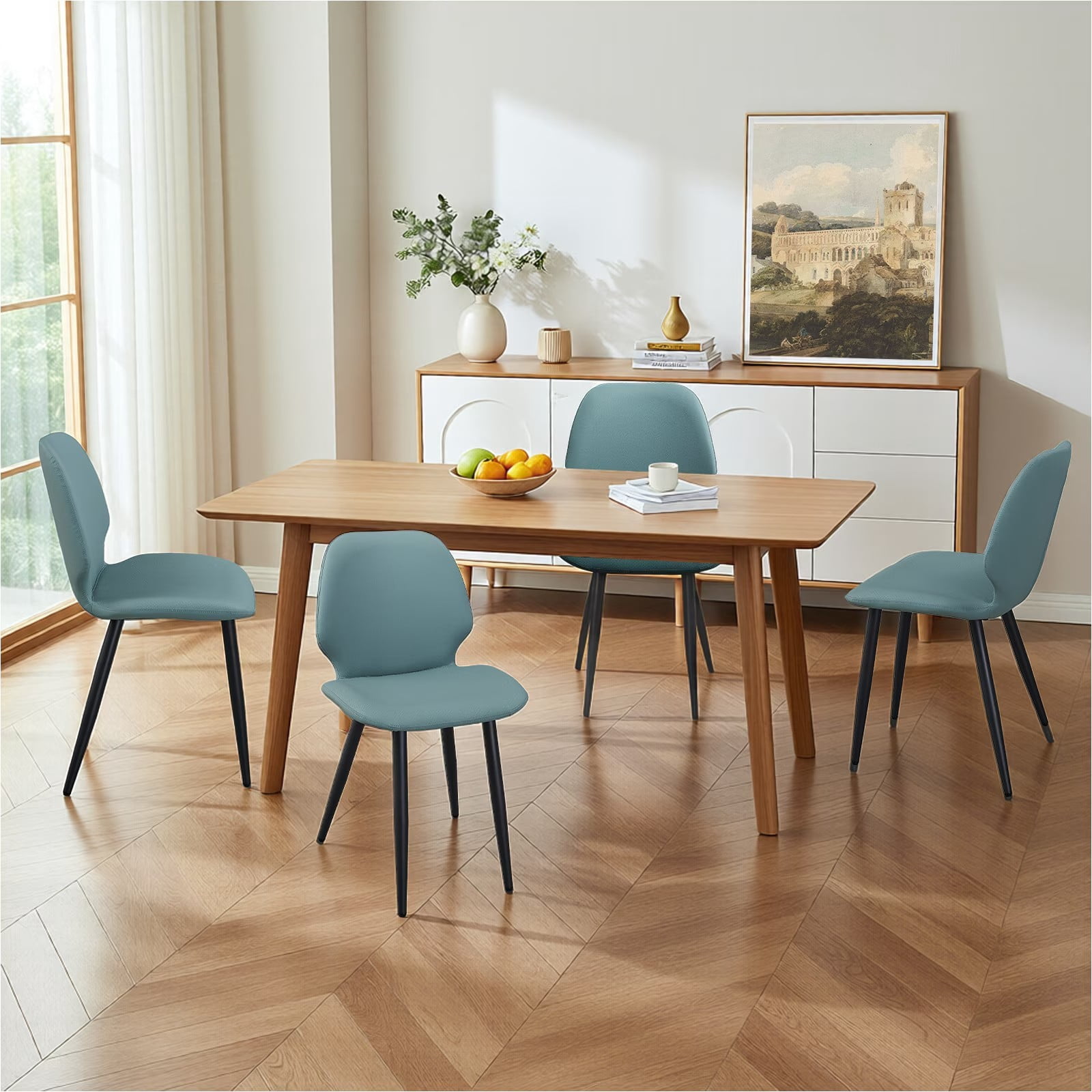 Faux Leather Dining Chairs Set of 2, Green Shell Back Upholstered Kitchen Chairs with Metal Legs, Modern Armless Side Chairs for Dining Room, Restaurant, Living Room & Meeting Room