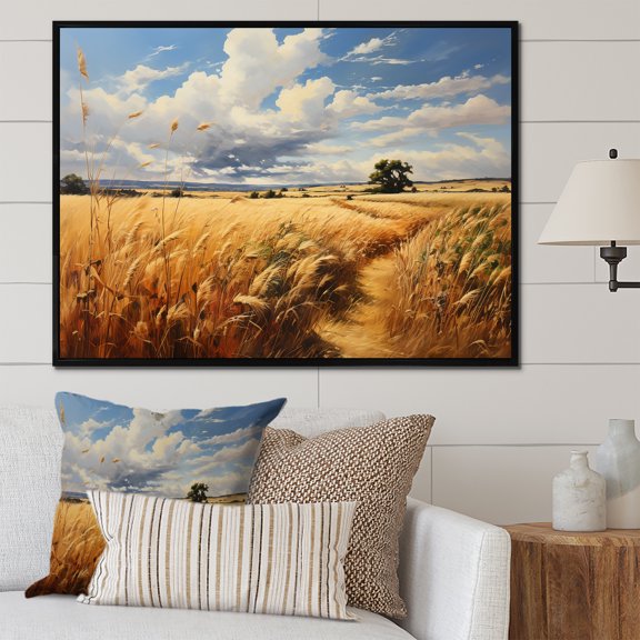 Designart "Meadow Serenity Yellow Wheat Fields I" Landscapes Framed Wall Art - Traditional Yellow Meadow Entryway Framed Wall Art