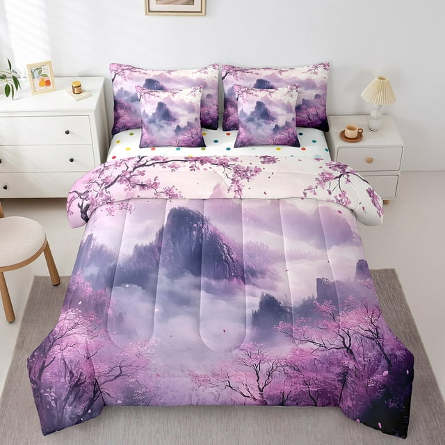 Erosebridal Paysage Naturel Montagne Lit en Sac Taille Simple, Ensemble de Lit Floral Arbre Rose, Réversible 7 Pcs