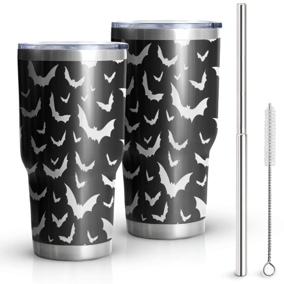 30oz Black Halloween Bat Silhouettes Tumblers Stainless Steel Tumbler with Lid and Straw,Vacuum Insulated Double Wall Travel Tumbler Cups Mug with Cleaning Brush for Coffee,Tea