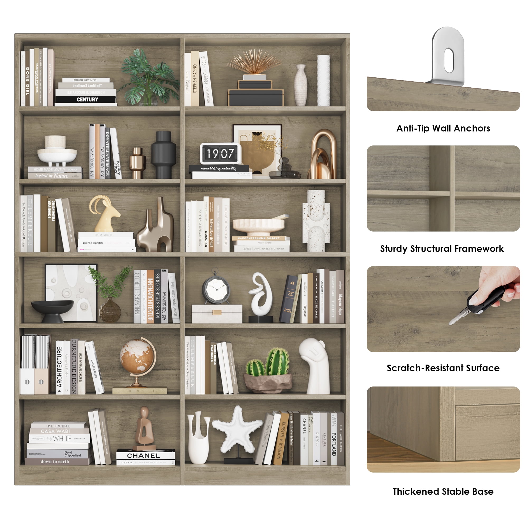 Homfa 74.3” Double Wide 6-Tier Bookcase, Extra Large Wooden Freestanding Display Bookshelf for Home Office Living Room, Gray