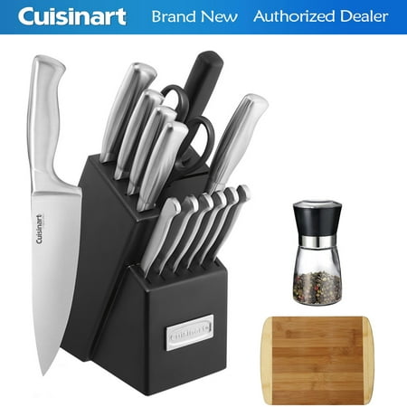 Cuisinart (C77SS-15PK) Stainless Steel Hollow Handle 15-Piece Cutlery Knife Block Set w/ Spice Mill and Two Tone Bamboo Cutting
