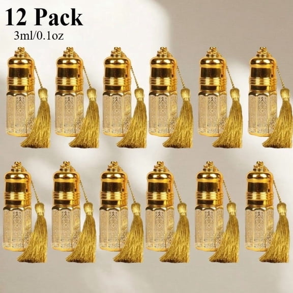 12 Pcs 0.1oz Mini Golden Glass Roller Bottles for Essential Oils - Portable Travel Perfume Containers with Tassel, Luxury Refillable Empty Bottles for DIY & Party Favors