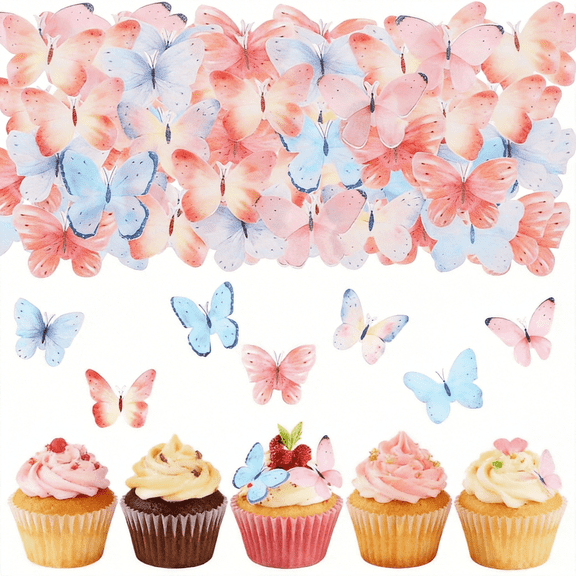 56 Pcs Butterfly Cupcake Toppers - 3D Realistic Wafer Paper Butterfly Cake Decorations - Mixed Colors & Sizes for Girls Birthday, Baby Shower, Wedding & Tea Party Treats