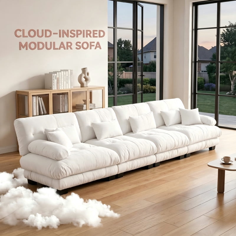 ANPPORT Cloud Couch Sleeper Sofa, Chenille White 4-Seater Modular Sofa, 4 Lumbar pillows, 2 Pillows, Comfy Deep Seat Cloud Sofa, Convertible L-Shaped Floor Couch for Living Room