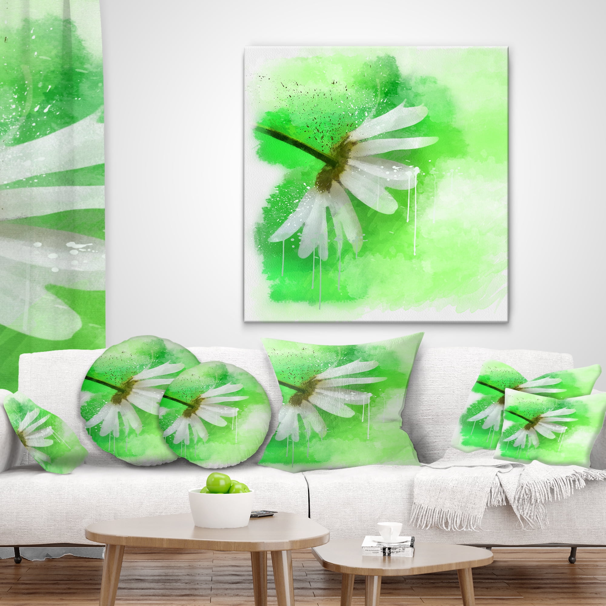 Designart White Chamomile with Green Splashes - Floral Throw Pillow - 16x16