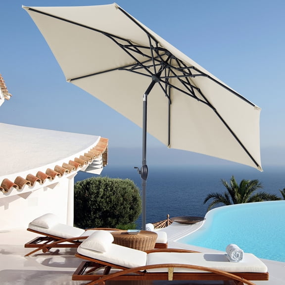 Autlaycil 10ft Beige Patio Umbrella with Push Button Tilt and Crank, 3-Tier Frame Octopus-arm Structure for Garden, Deck, Table, Pool