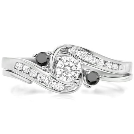 18k White Gold Rolling Ring (0.50 Carat (ctw) 18k White Gold Round Black And White Diamond Ladies Swirl Bridal Engagement Ring)