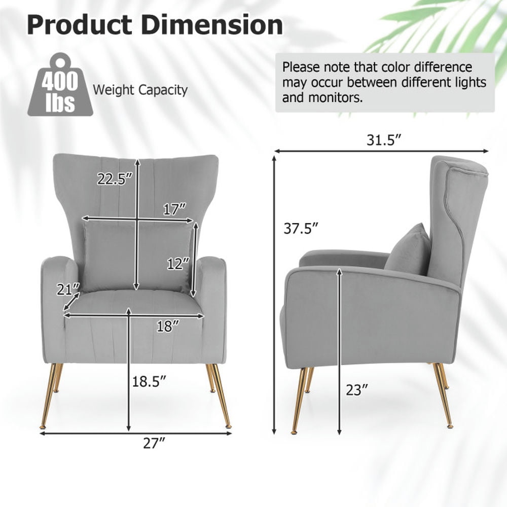 Finihen Accent Chair, Wingback Accent Armchair, Modern Accent Chair, Velvet Upholstered Wingback Chair with Lumbar Pillow and Golden Metal Legs, for Living Room, Bedroom, Gray Finihen Accent Chair, Wingback Accent Armchair, Modern Accent Chair, Velvet Upholstered Wingback Chair with Lumbar Pillow and Golden Metal Legs, for Living Room, Bedroom, Gray