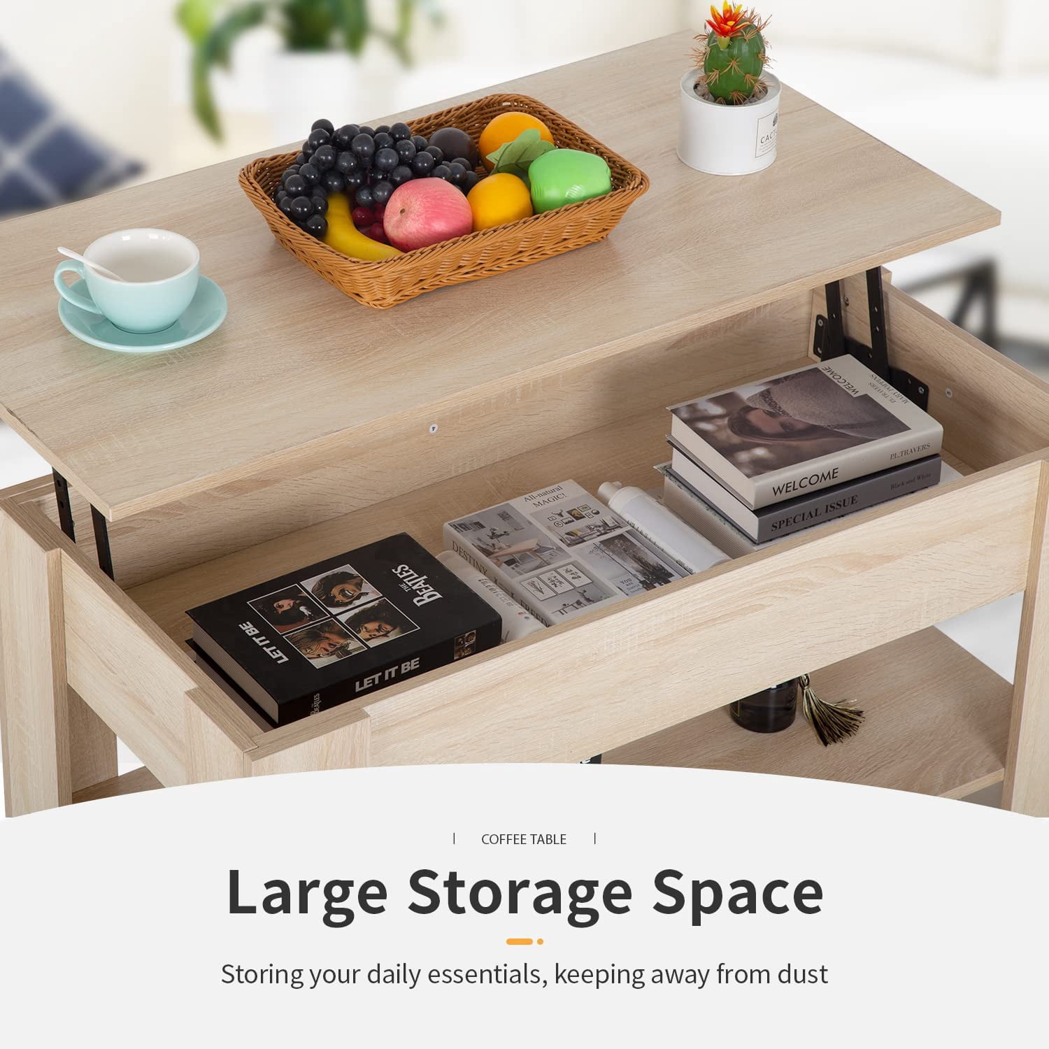 FDW Lift Top Coffee Table with Hidden Compartment and Storage Shelf Wooden Lift Tabletop(Grey)
