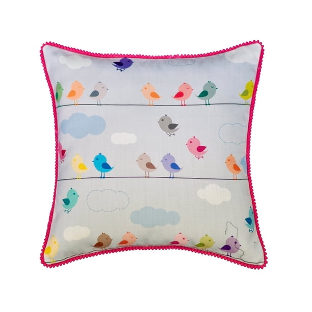 Fundas de cojín decorativas HomeCentric azules de 45 x 45 cm (18 x 18 pulgadas) de algodón para guardería, almohadas infantiles y fundas de cojín con pompones para sofá, estilo guardería de pájaros -