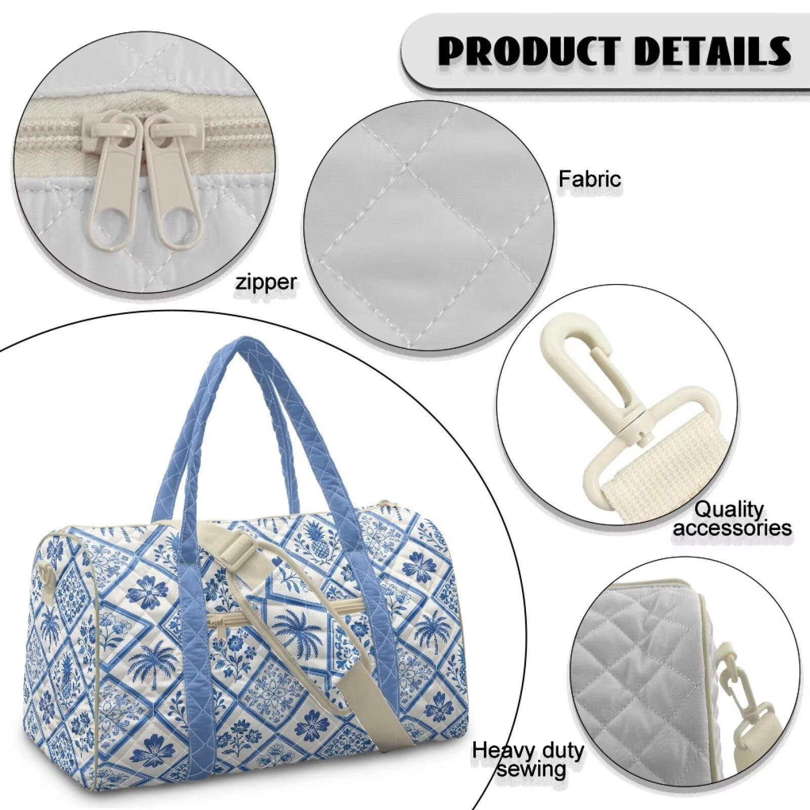Pzuqiu Blue White Tile Print Quilted Weekender Bag for Women Travel Bags with Multiple Compartments Large Puffy Travel Duffle Tote Lightweight Carry On Overnight Gym Bag