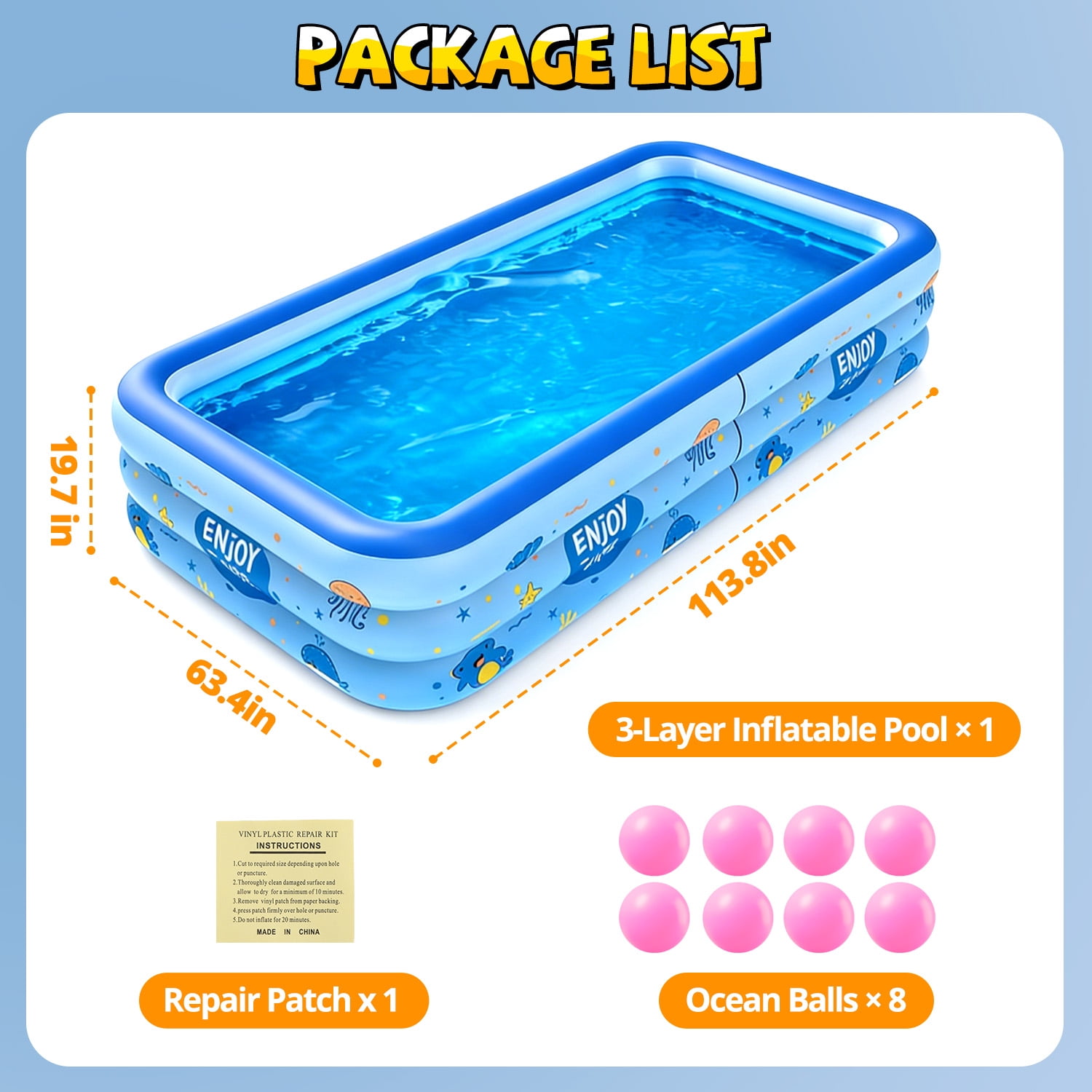 WonderStone Inflatable Swimming Pool, 113'' x 63'' x 20'' Large 3-Layer Thickened PVC Blow Up Pool with 8 Ocean Balls, Durable Family Pool for Adults & Kids, Backyard Garden Summer Water Fun