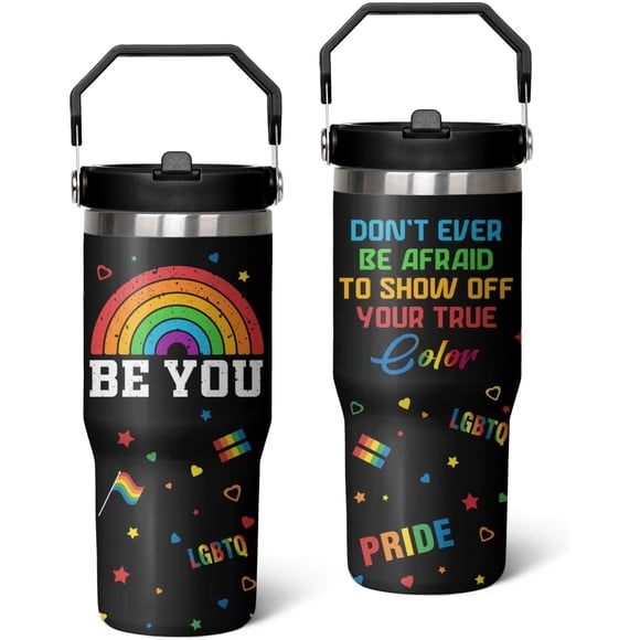 Rainbow Pride Flag Tumbler, LGBTQ Awareness Month Gifts, Retro Be You Travel Mug, Gay Pride Cups Lesbian Gifts for Women Men, 30 Oz Stainless Steel Tumbler With Handle & Straw