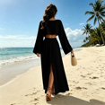 thumbnail image 5 of Womens Matching Sets Summer 2 Piece Beach Vacation Outfits Long Sleeve Crop Top High Slit Maxi Skirt Set Resort Wear, 5 of 6