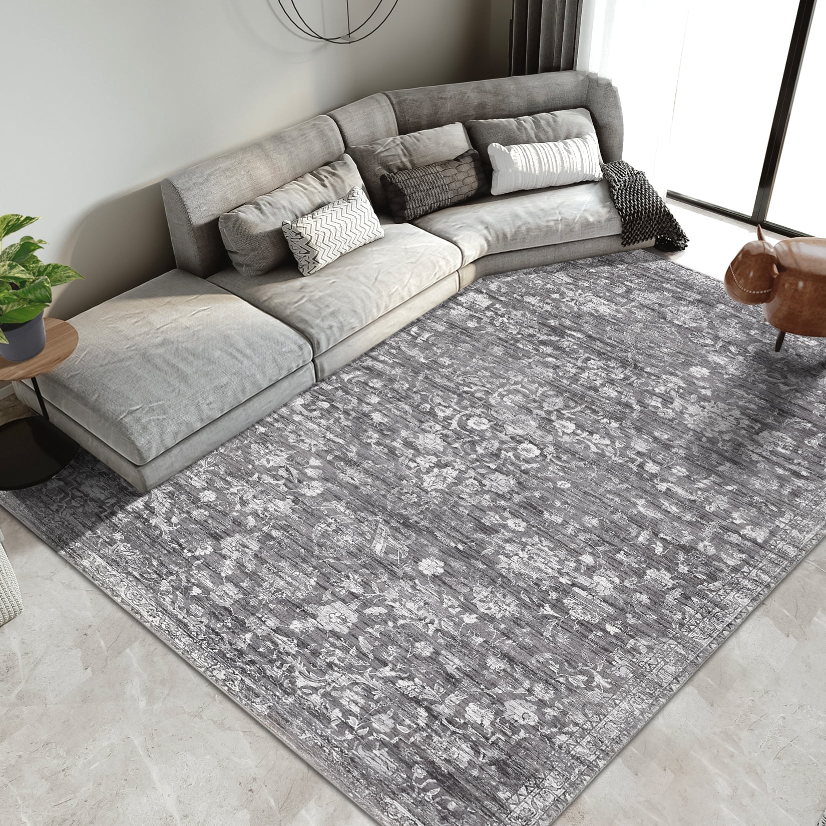 Hasoo 10' x 13' Area Rug for Living Room Boho Vintage Rug Non Slip Throw Rugs Floral Bedroom Rug, Gray