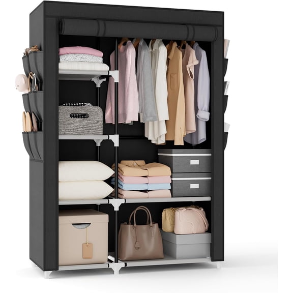 Wardrobe Closet, 41.7 Inch Wide Portable Closets for Hanging Clothes with 1 Hanging Rod, 6 Shelves, 6 Pockets, Clothes Rack with Cover Portable Wardrobe Closet for Bedroom, Dorm, Black