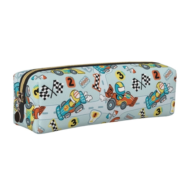 Balery Cartoon Car Racing Estuche de Lápices de Cuero Impreso, Estuche para Suministros de Arte, Estuche de Lápices con Cremallera, Estuche de Almacenamiento de Papelería
