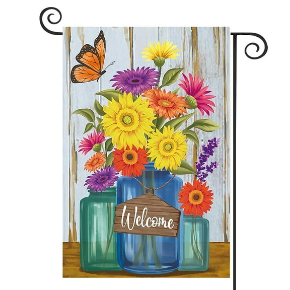DMERBYL Welcome Summer Garden Flag Spring Floral Garden Flags 12x18 Double Sided Burlap Summer Fall Vase Flower Garden Yard Banner for Seasonal Outdoor Farmhouse Decoration(ONLY FLAG)