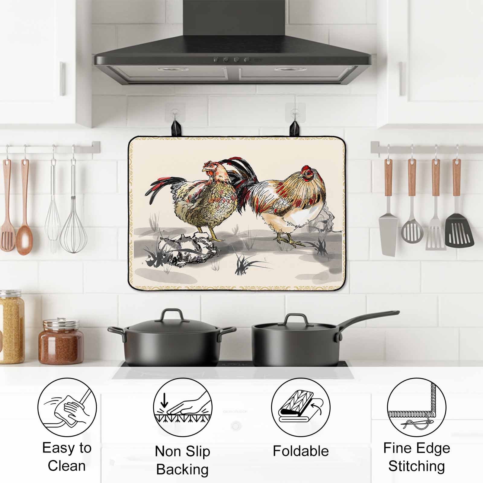 Rooster Farm Animal Country Stove Top Cover for Electric Stove, Heat-proof & Non Slip Glass Top Stove Cover Protector, Chinese Style Plant Kitchen Flat Cooktop Rubber Mat 24x21 Inches