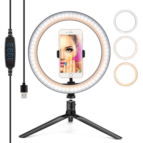 10 Inch Selife Ring Light - LED Desktop Ring Light with Tripod and Phone Holder, Dimmable Make up Ring Light Youtbe Vlogging Influencer Ring Light