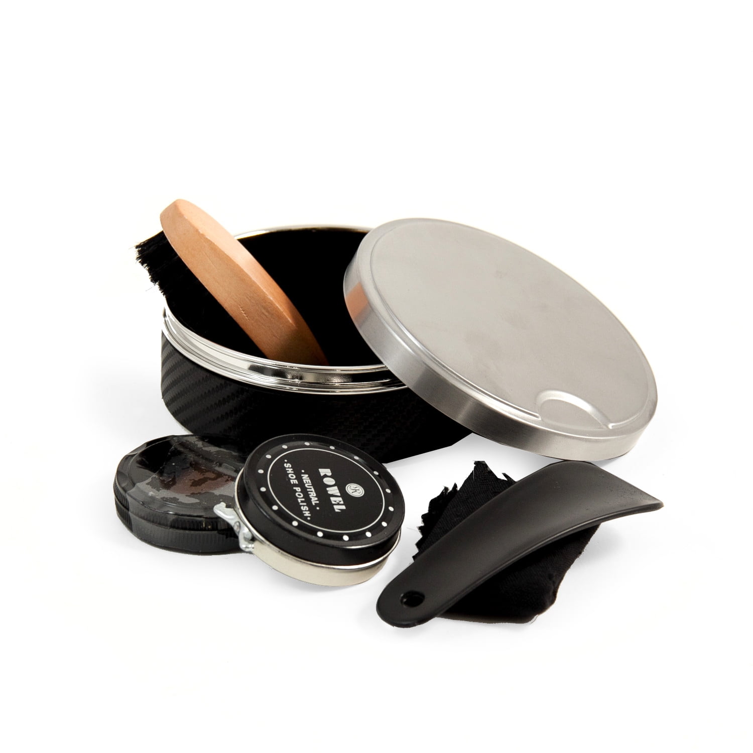 Shoe Shine Set in Stainless Steel & Black Leather Case. Includes Shoe Polish, Shoe Horn