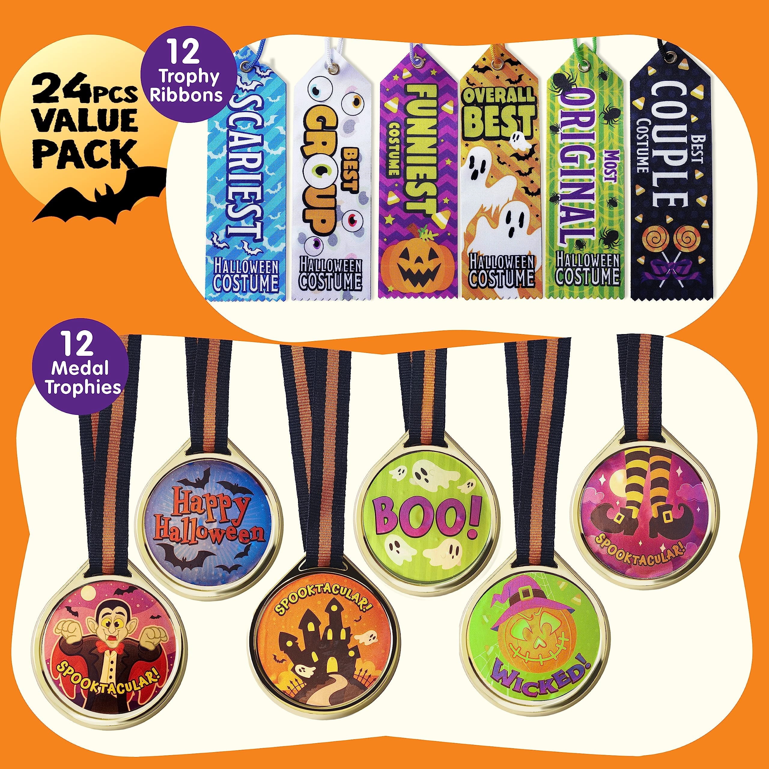 Joyfy 24 Pcs Halloween Carnival Prizes,Halloween Medal Trophies and Trophy Ribbons Games,Best Costume Trophy Halloween for Adults Kids,Halloween Prizes Bulk,Carnival Party Favors