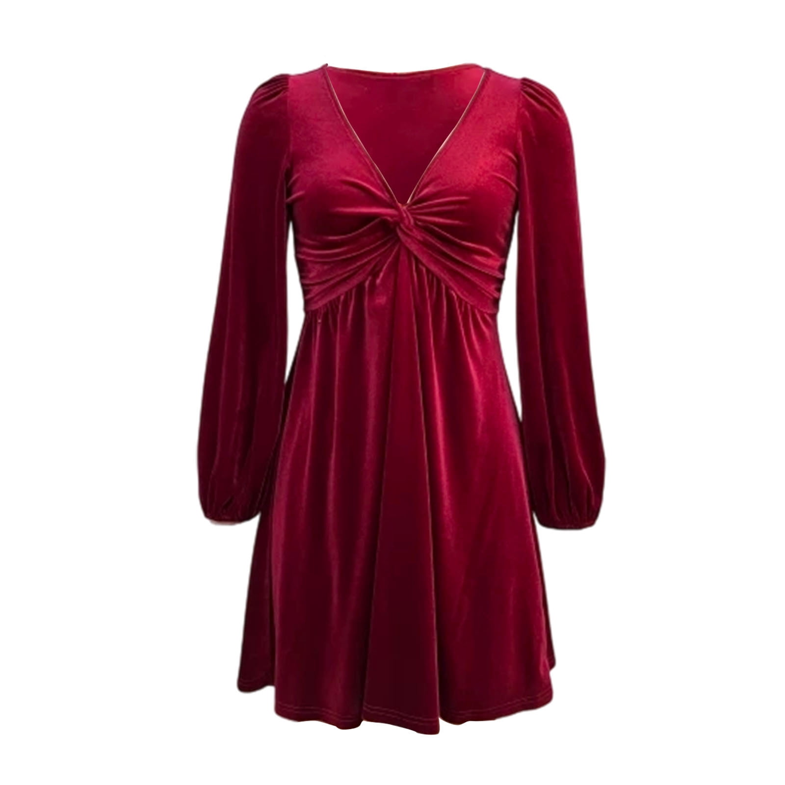 OSFVNOXV Retro Velvet Dress for Women Puff Sleeve V-Neck Wide Waistband Knee Length Cocktail Party Dress