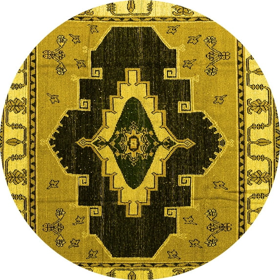 Ahgly Company Machine Washable Indoor Round Abstract Yellow Modern Area Rugs, 4' Round