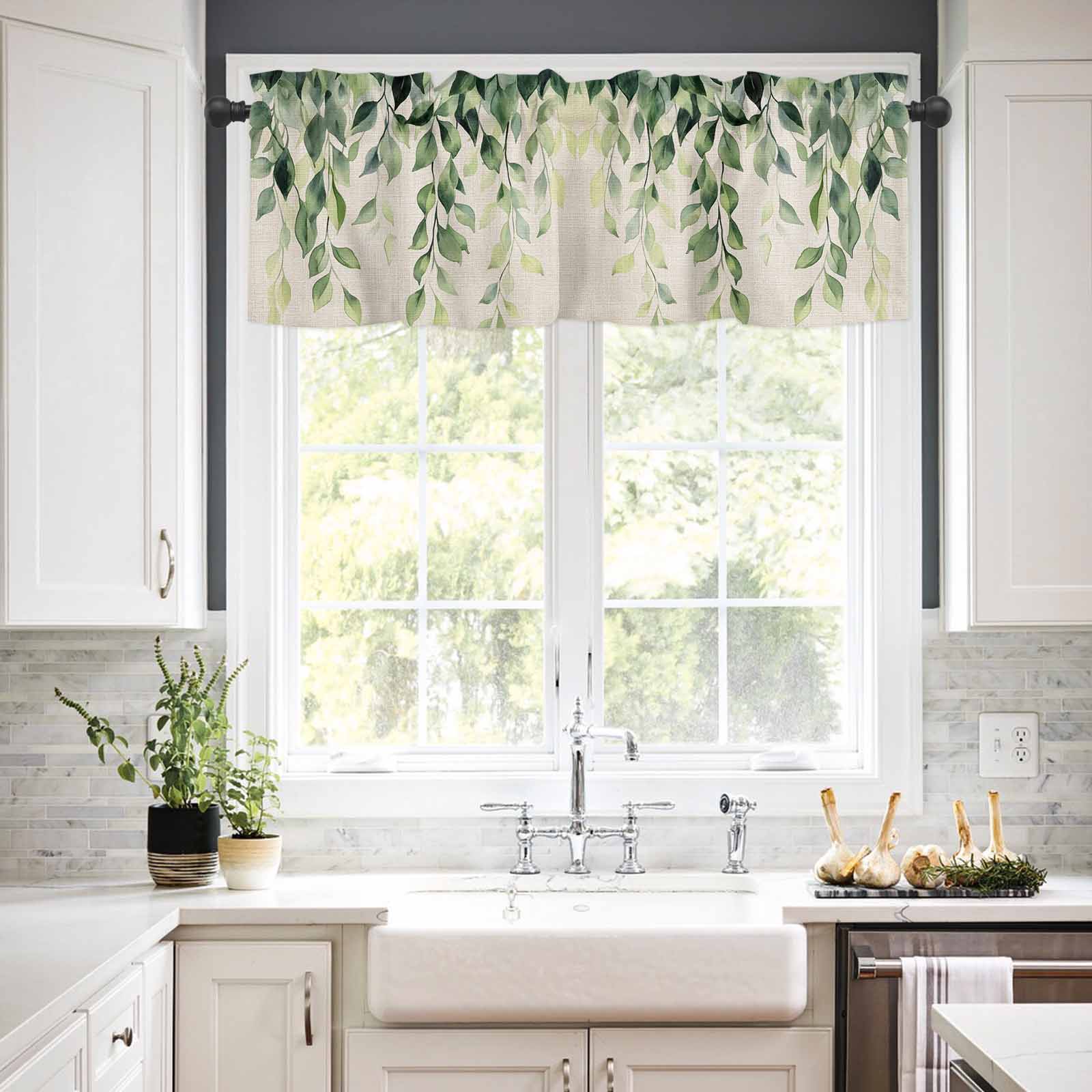 Rustic Leaf Kitchen Curtains Valances and Tiers Set of 3 Watercolor Sage Green Eucalyptus Leaves Linen Texture Tier Curtains and Valance for Kitchen Bathroom Small Windows 27.5"W x 36"L (Pack of 3)