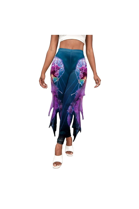 Underwater World Costume Women's Leggings Shiny Trousers Pants with Tulle Fish Scale Print Flared Trousers Dress Costume Dress Womens Bottoms Blue S