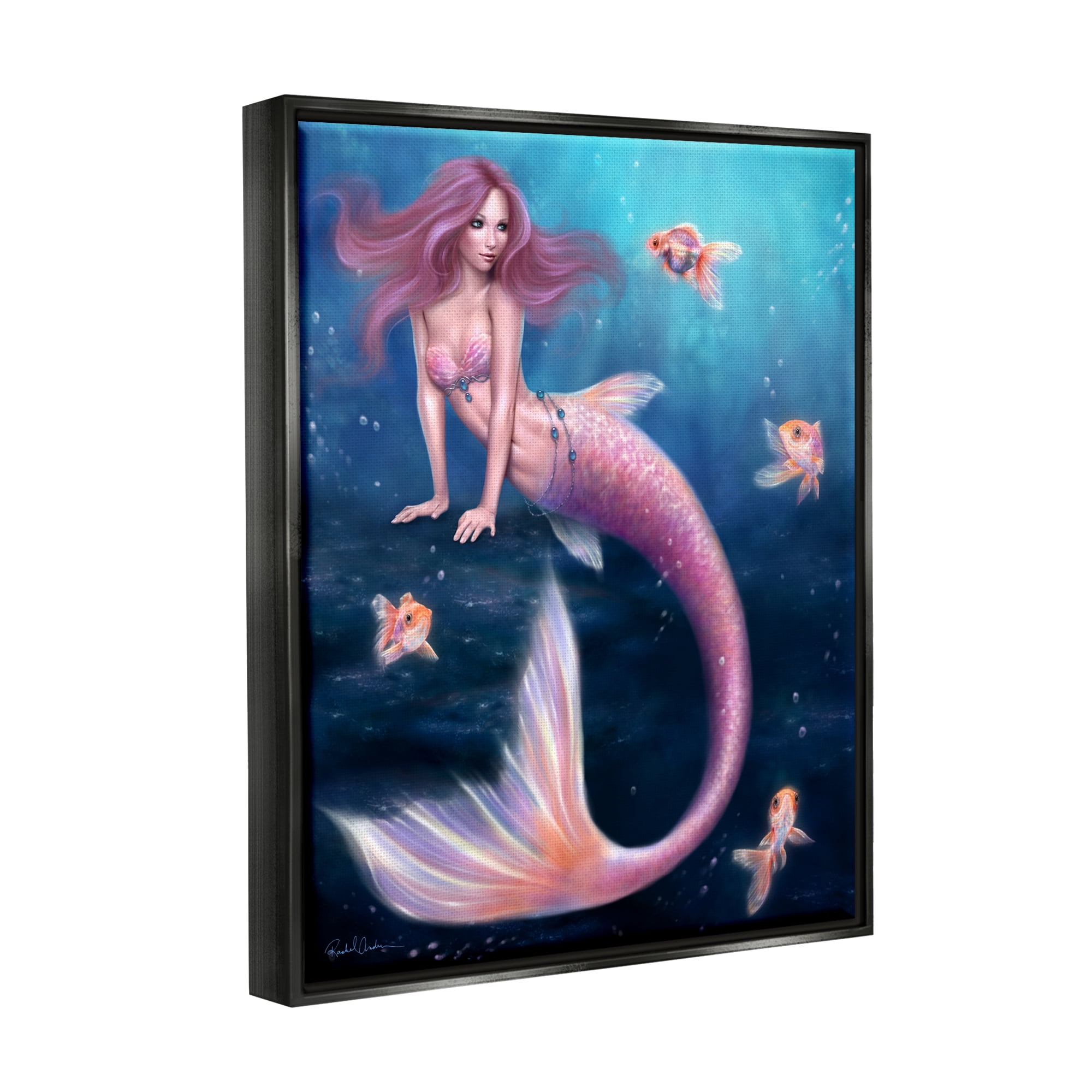 Stupell Industries Aurelia Mermaid in Sea Fairy Tales & Fantasy Painting Black Floater Framed Canvas Art Print Wall Art, 25 x 31