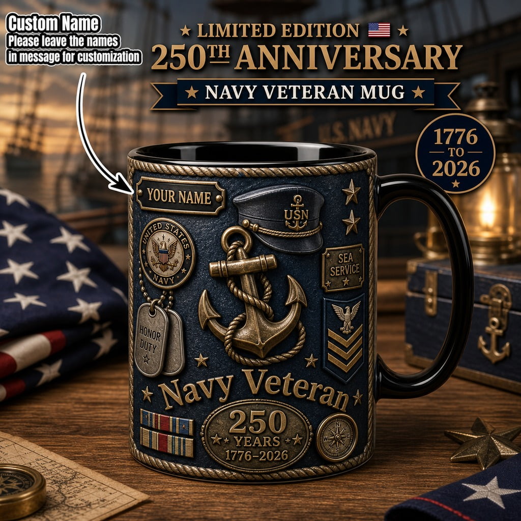 Navy Veteran Mug, 250th Anniversary Custom Name Coffee Cup for Service Veteran Gift