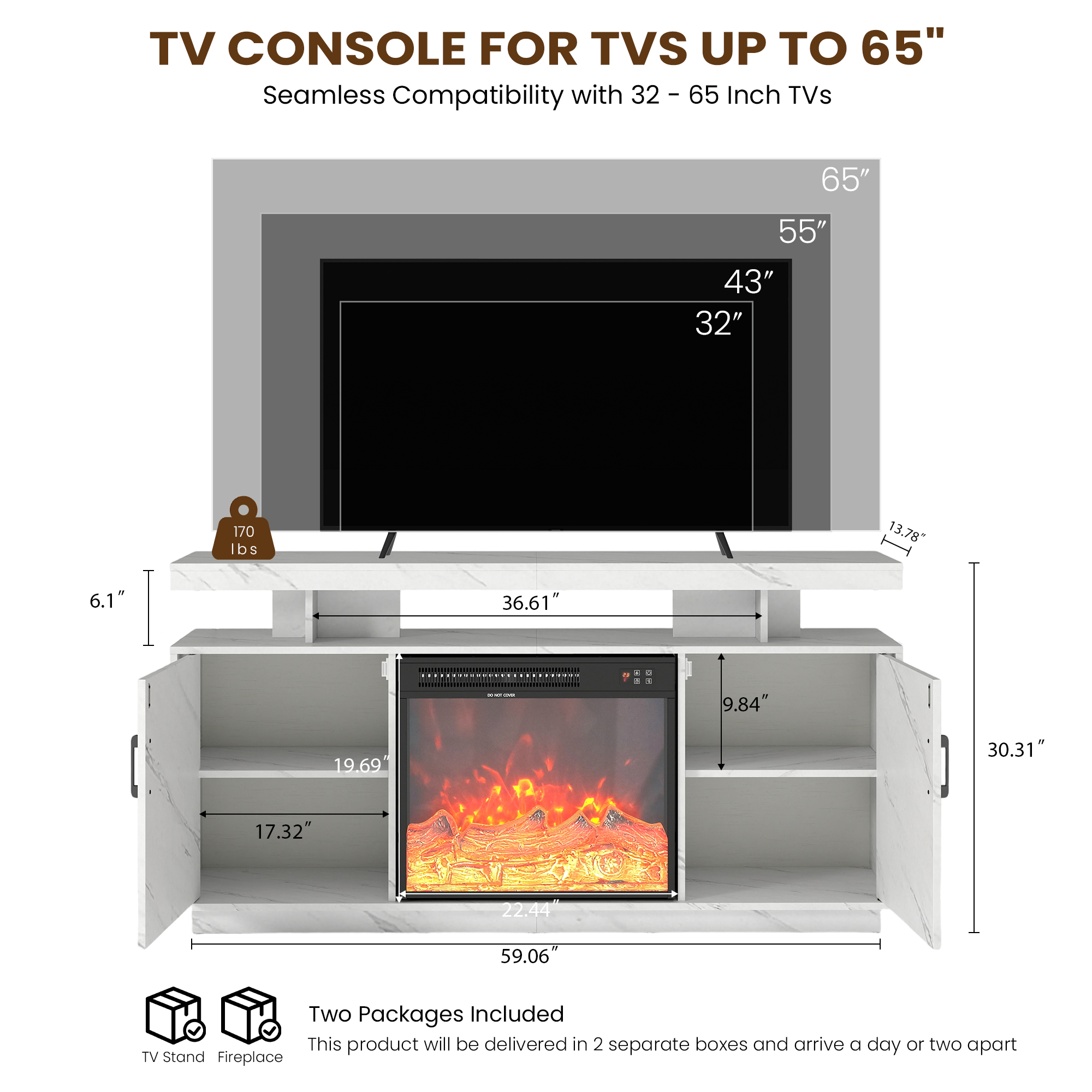 Manxile Fireplace TV Stand with 22.5" Electric Fireplace Up to 70" TVs, Modern Wood Media TV Console with Cabinet, White