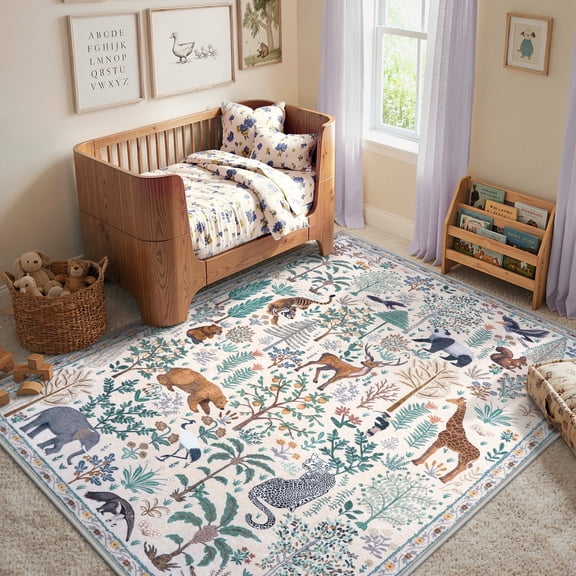 Wonnitar 5'x7' Area Rug, Washable Cottagecore Botanical Rug for Nursery, Beige Non Slip Low Pile Woodland Animal Accent Carpet for Bedroom, Living Room, Dinning Room, Playroom
