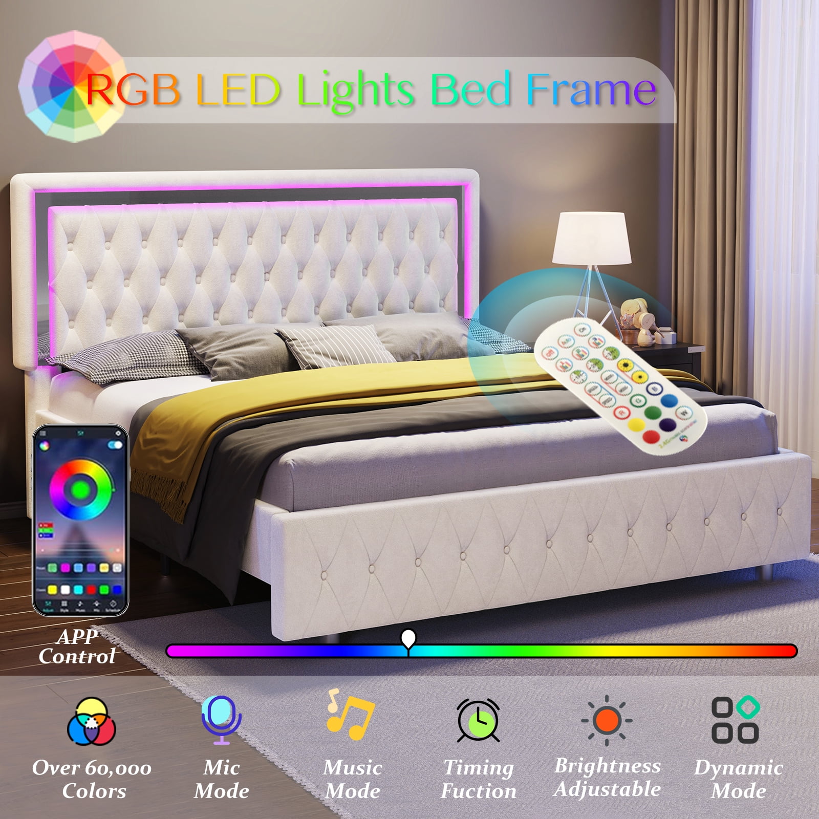 Merluxy Queen Bed Frame with Led Lights Headboard,Acrylic Mirror Accents,No Box Spring Needed,Velvet Cream