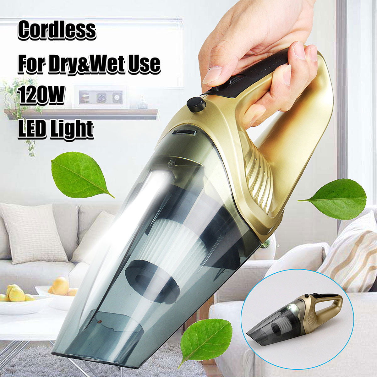 2in1 120W Powerful Handheld Cordless Car Home Vacuum Cleaner Pet Hair Cleaner Quiet Dry&Wet Use