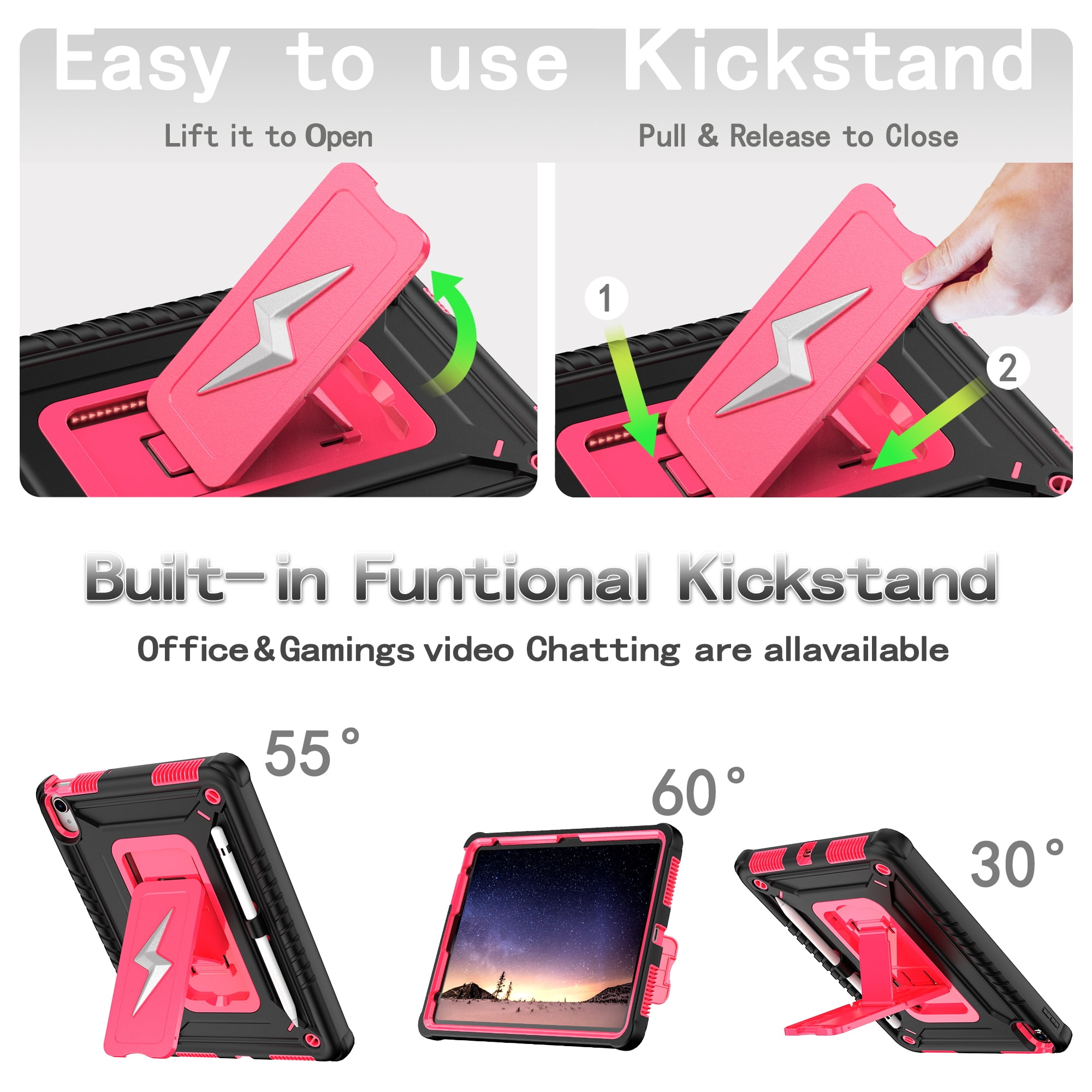 Allytechgroup Heavy Duty Shockproof Case for Apple iPad A16 11th Generation 11" 2025 & iPad 10th Generation 10.9" 2022, Tablet Case with Kickstand, Pencil Holder, Strap Kids Friendly Cover,Blackrose
