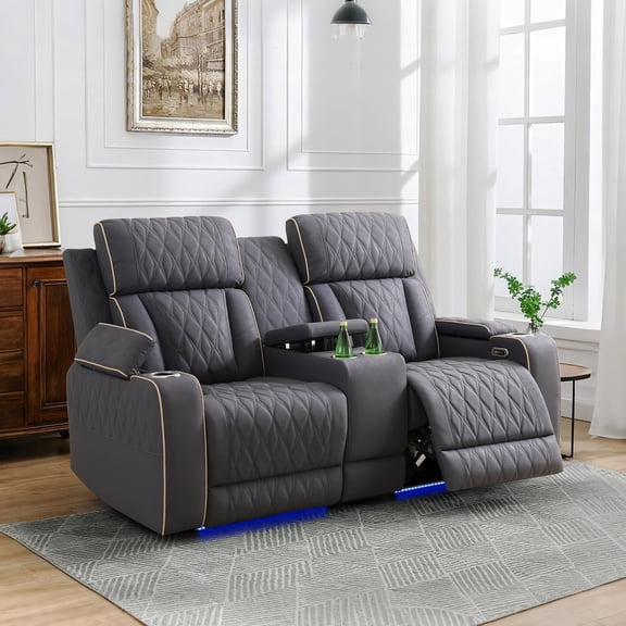 Power Recliner Loveseat,Sanded Leather Reclining Sofa Set, Living Room Furniture Sets, Recliner Couch Set with LED Light/Cup Holders for Home/Apt (Blue Grey, Loveseat)